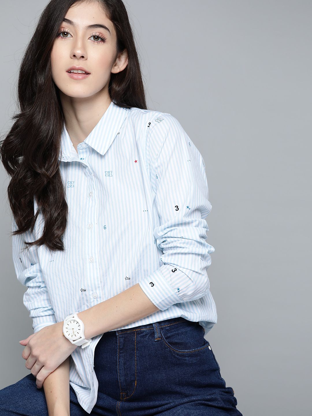 Harvard Women White & Blue Cotton Striped Sustainable Casual Shirt Price in India