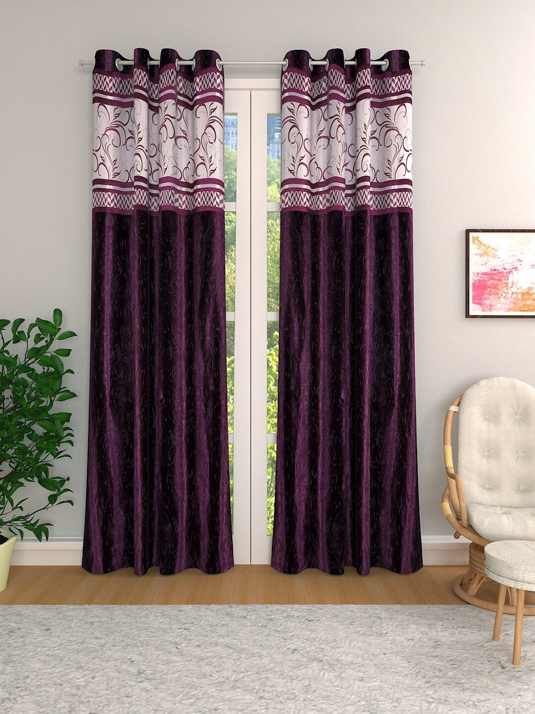 ROMEE Purple & White Set of 2 Room Darkening Curtains Price in India