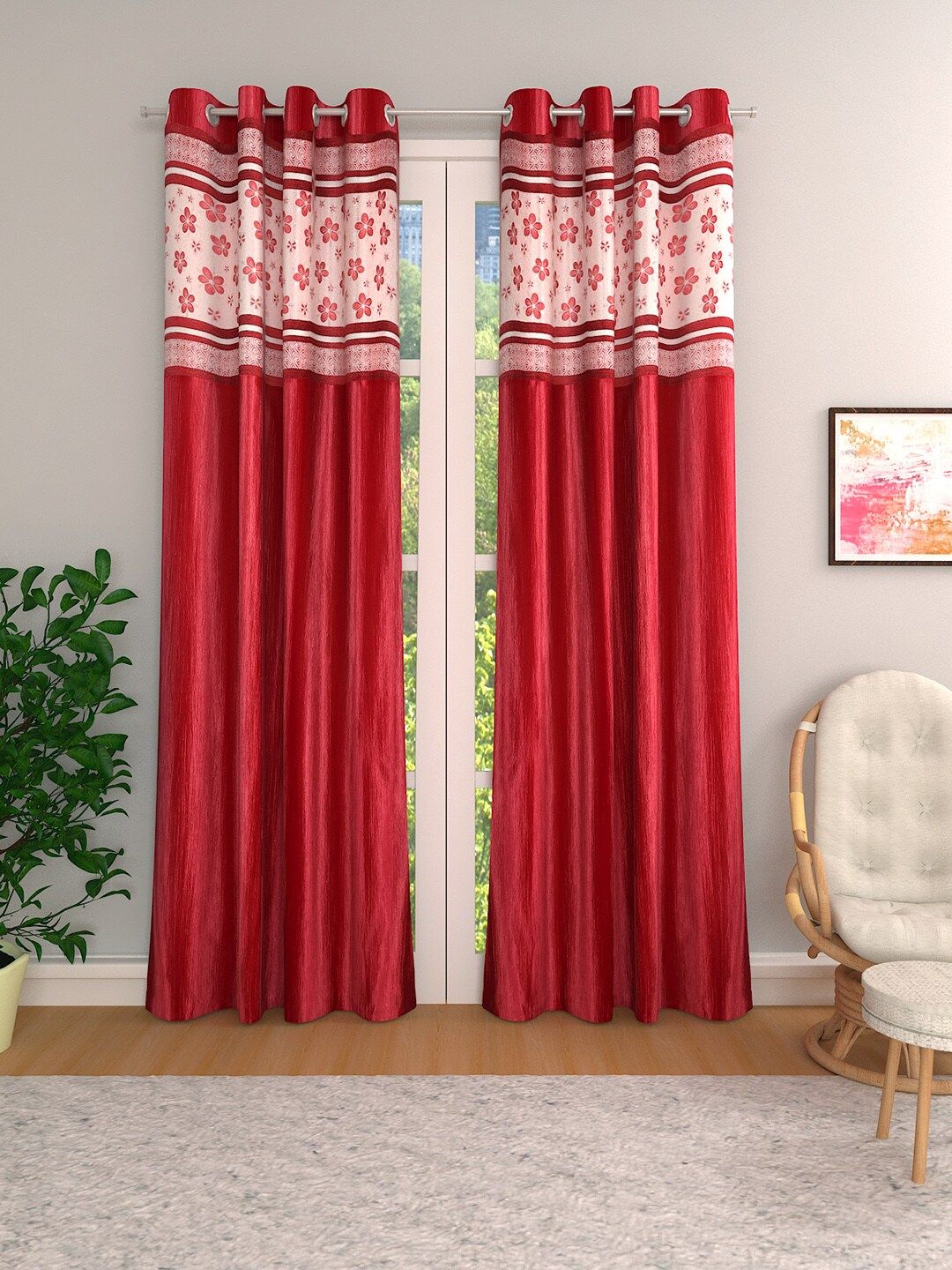 ROMEE Set of 2 Red & White Room Darkening Curtains Price in India