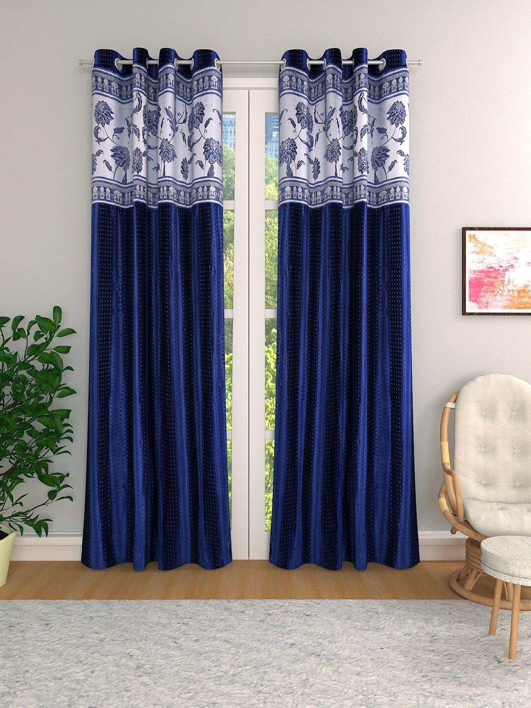 ROMEE Blue & White Set of 2 Room Darkening Jacquard Door Curtains Price in India