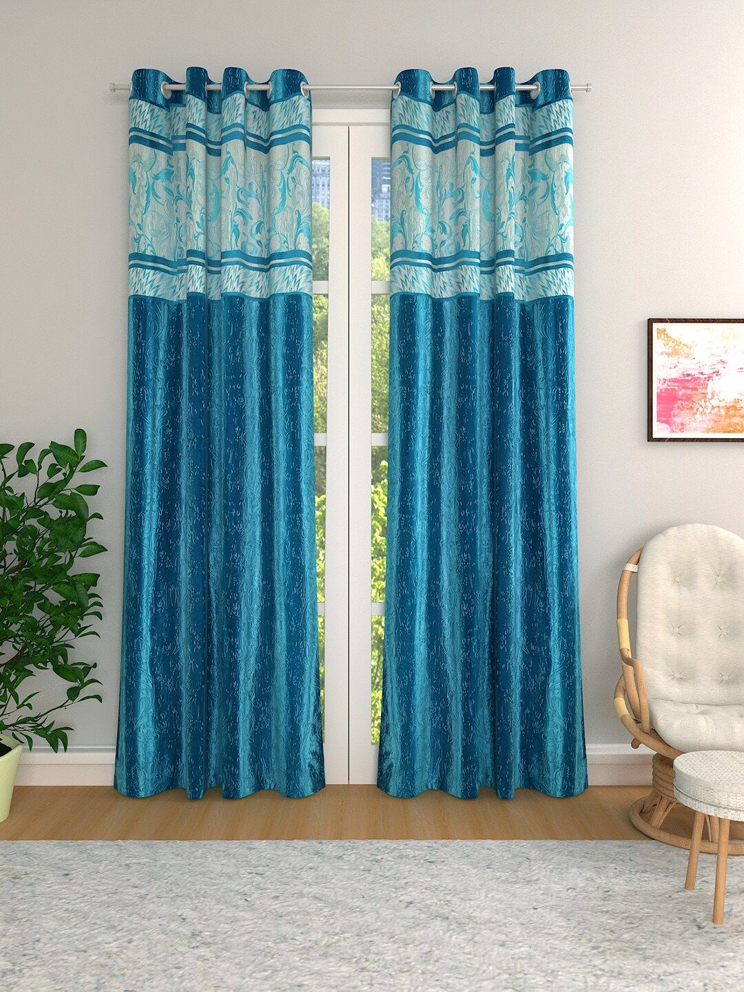 ROMEE Turquoise Blue & White Set of 2 Room Darkening Curtains Price in India