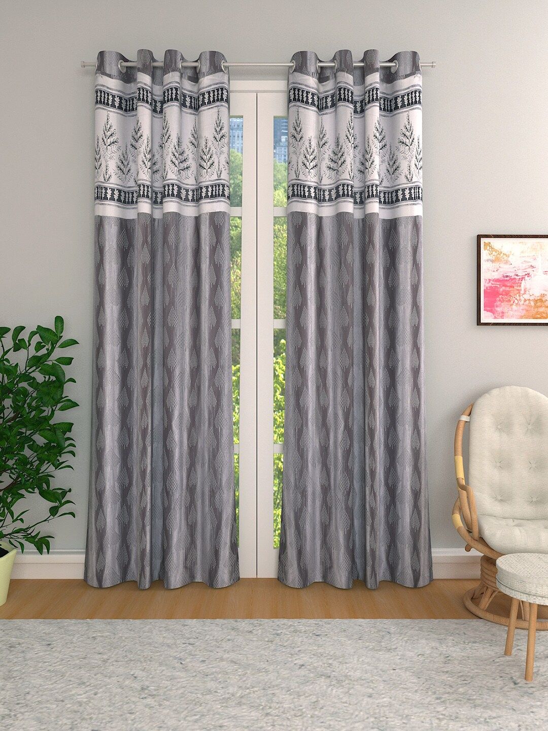 ROMEE Set of 2 Grey & White Room Darkening Curtains Price in India