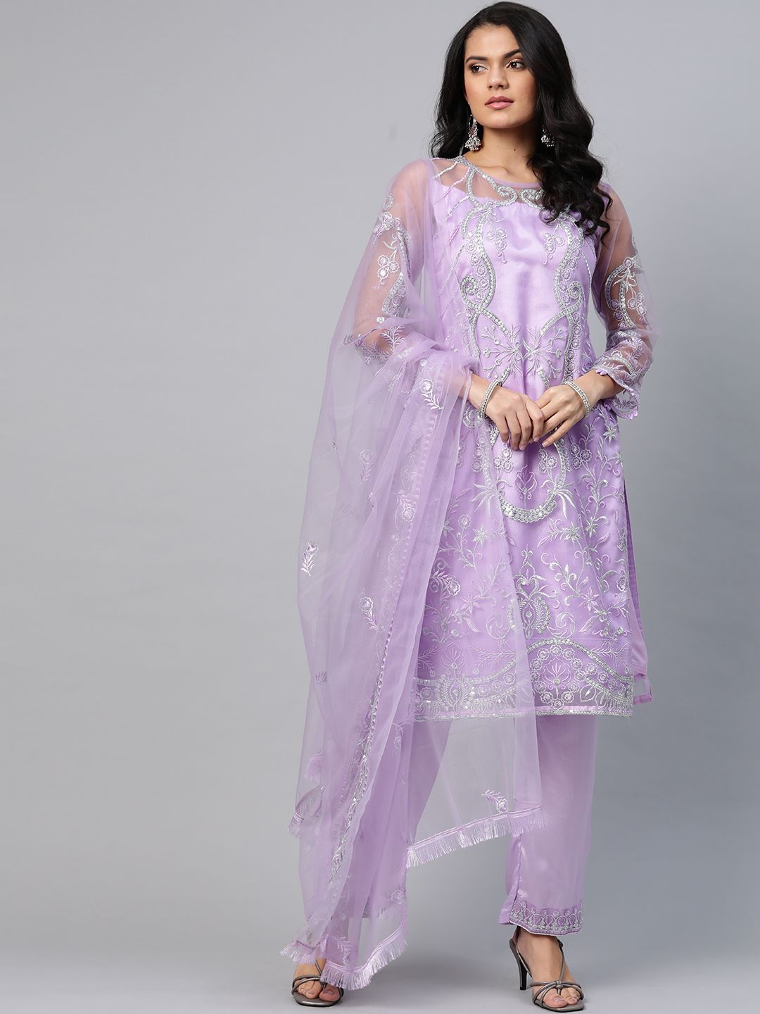 Readiprint Fashions Women Lavender Embroidered Semi-Stitched Dress Material Price in India