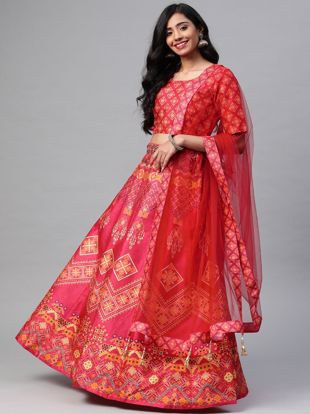 SHUBHVASTRA Pink & Beige Printed Semi-Stitched Lehenga & Unstitched Blouse With Dupatta Price in India