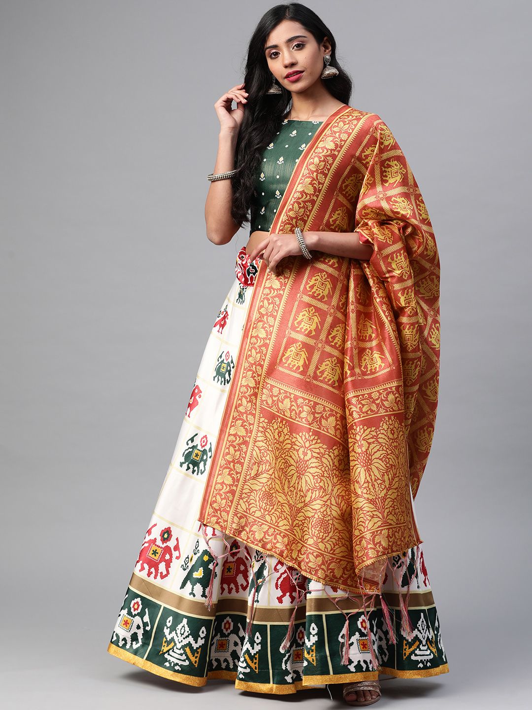 SHUBHVASTRA Green & White Printed Semi-Stitched Lehenga & Unstitched Blouse With Dupatta Price in India