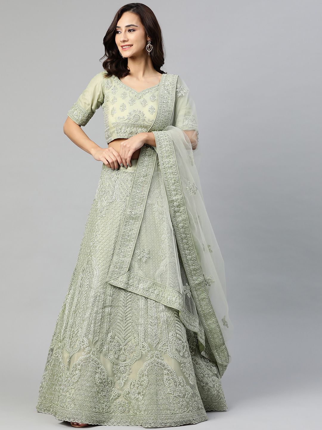 SHUBHVASTRA Green Embroidered Beads and Stones Semi-Stitched Lehenga & Unstitched Blouse With Dupatta