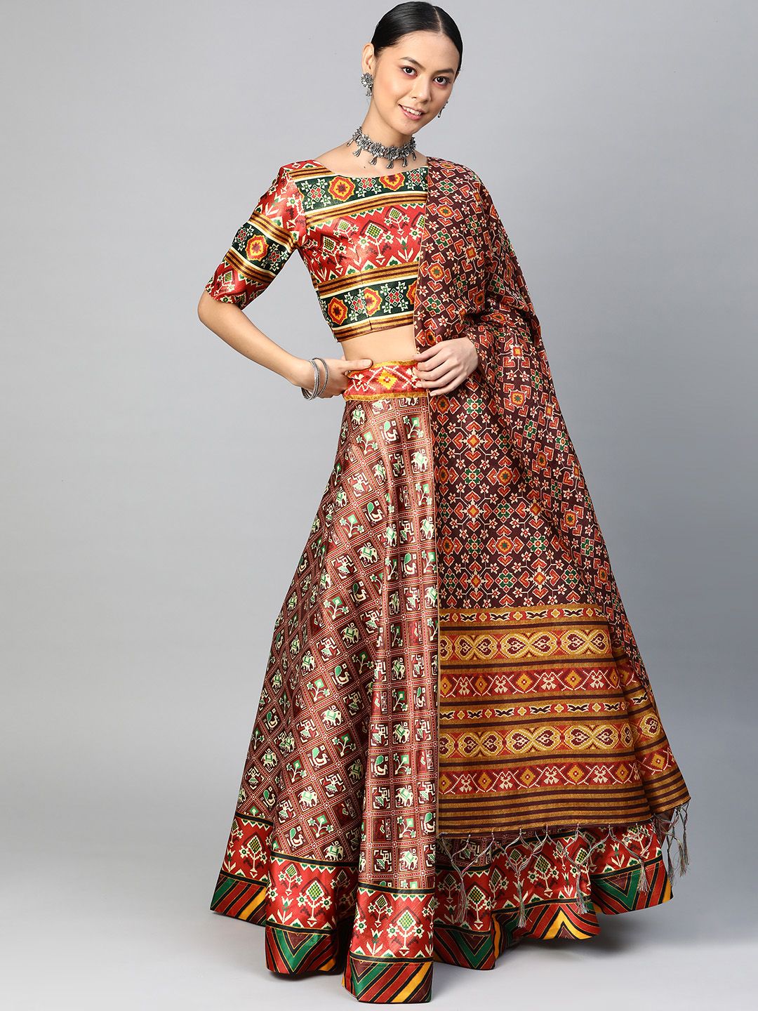 SHUBHVASTRA Multicoloured Printed Semi-Stitched Lehenga & Unstitched Blouse With Dupatta Price in India