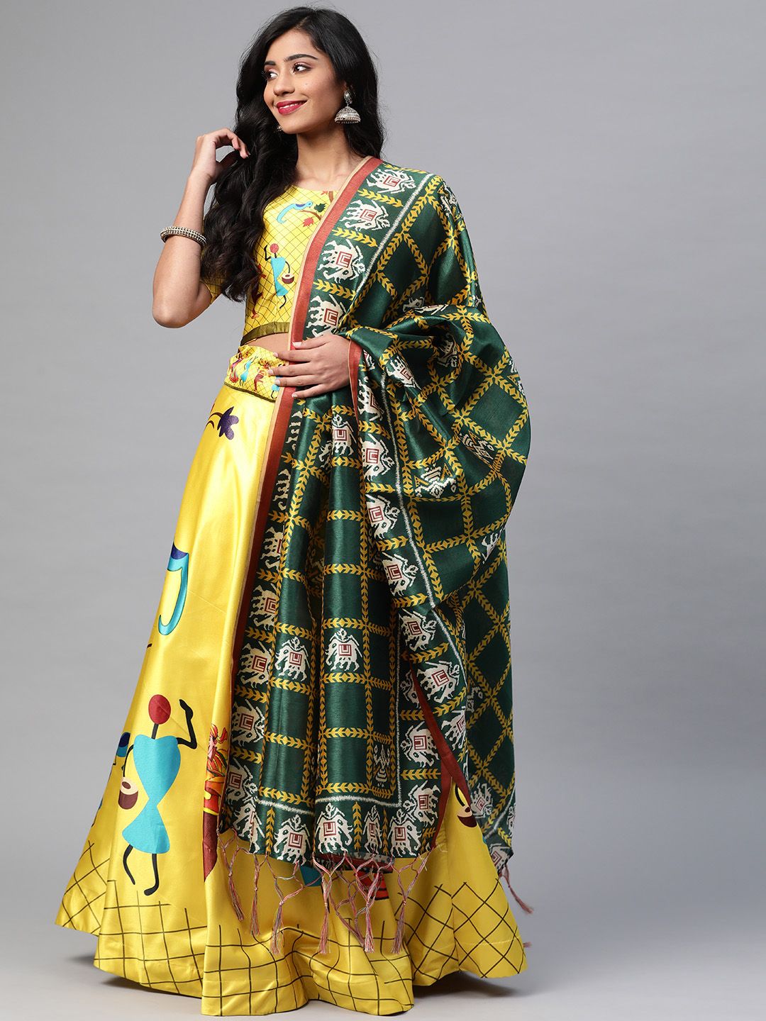 SHUBHVASTRA Yellow & Maroon Printed Semi-Stitched Lehenga & Unstitched Blouse With Dupatta Price in India