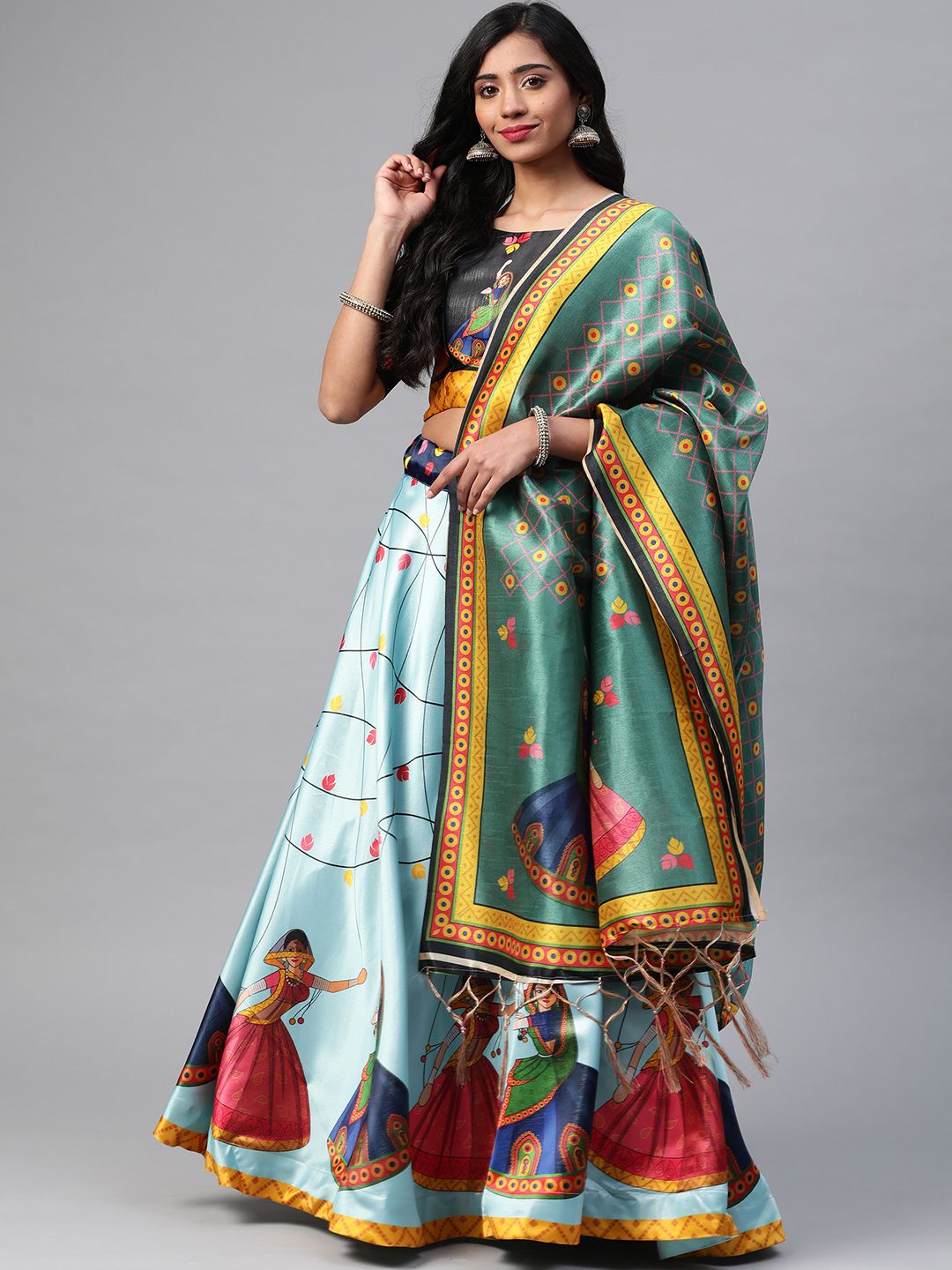 SHUBHVASTRA Turquoise Blue Printed Semi-Stitched Lehenga & Unstitched Blouse With Dupatta Price in India