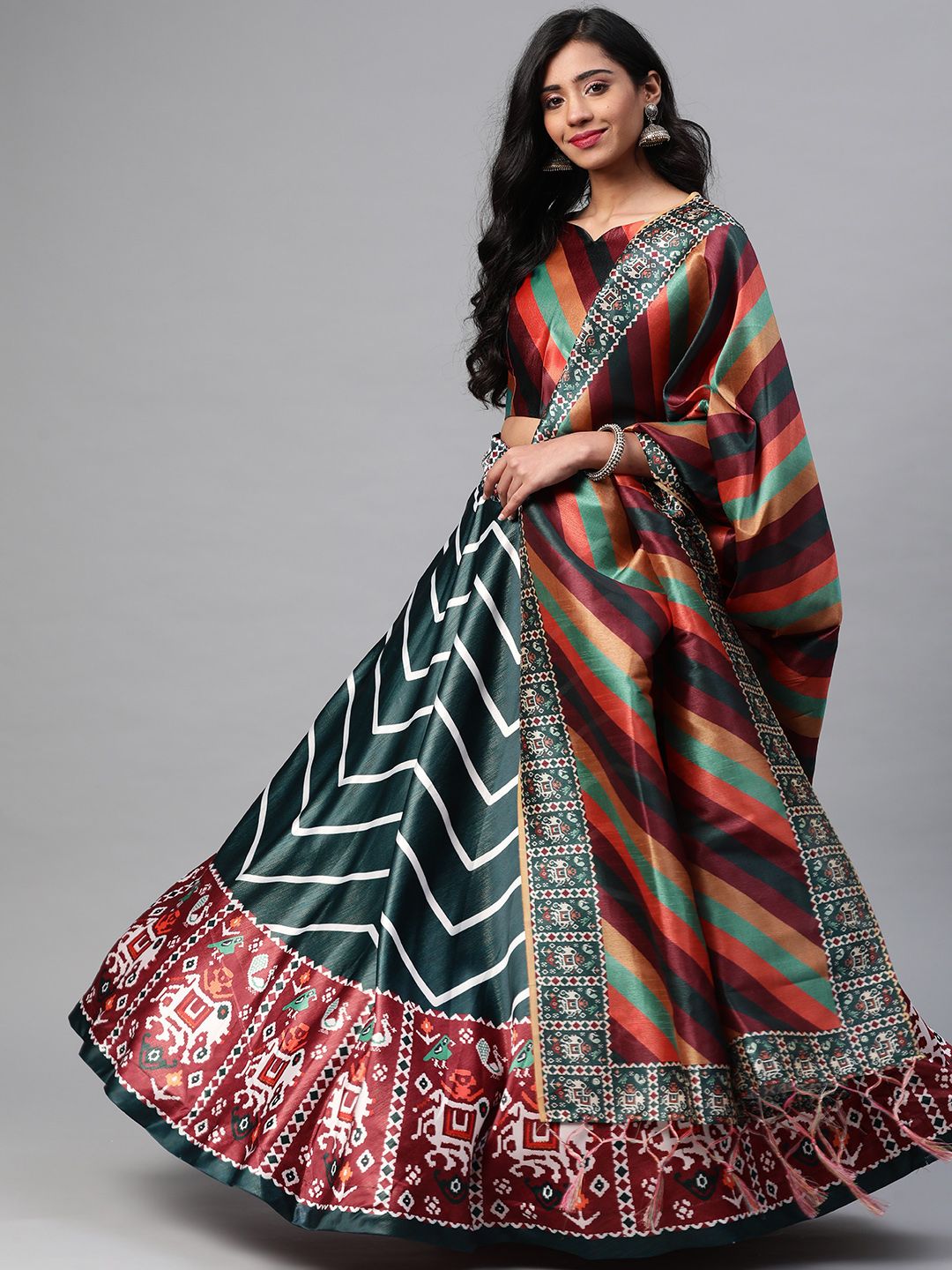 SHUBHVASTRA Green & Maroon Printed Semi-Stitched Lehenga & Unstitched Blouse With Dupatta Price in India