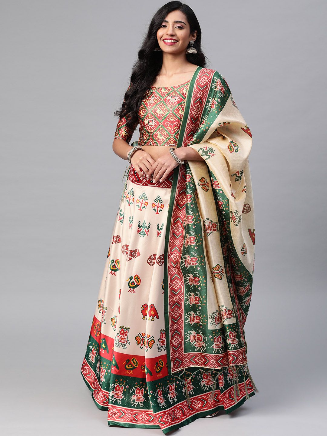 SHUBHVASTRA Off White & Red Printed Semi-Stitched Lehenga & Unstitched Blouse With Dupatta Price in India