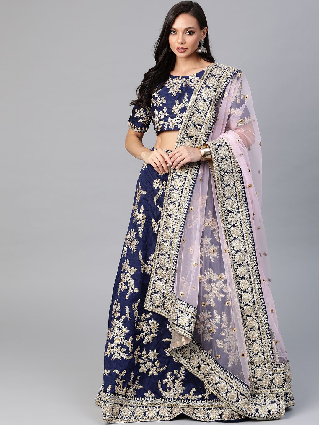 SHUBHVASTRA Navy Blue & White Embroidered Sequinned Semi-Stitched Lehenga & Unstitched Blouse With Dupatta Price in India