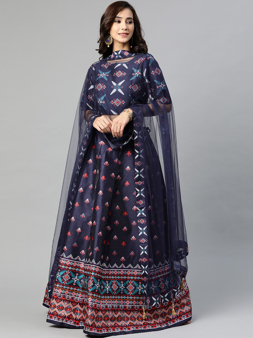 SHUBHVASTRA Navy Blue & White Printed Semi-Stitched Lehenga & Unstitched Blouse With Dupatta Price in India