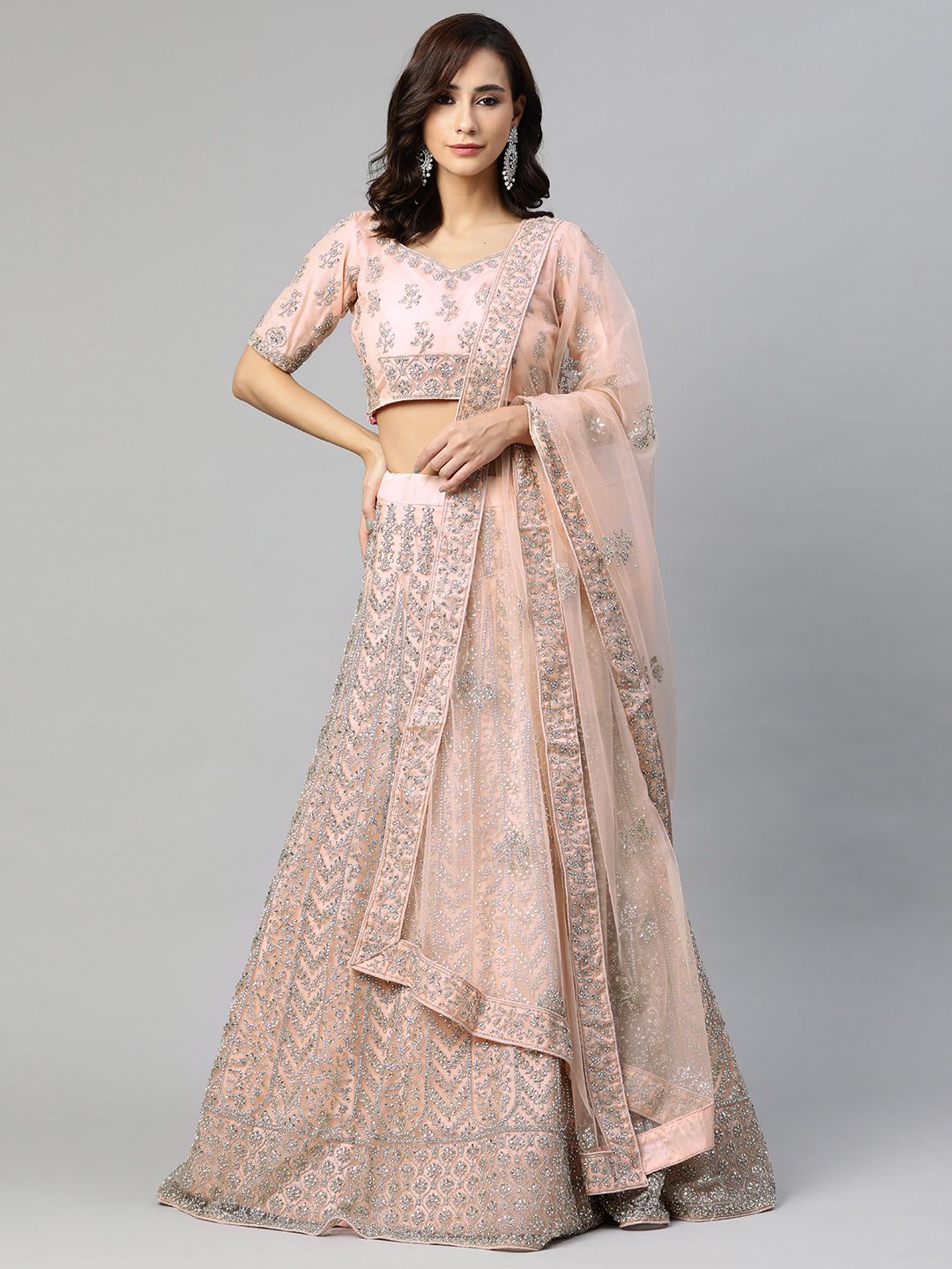 SHUBHVASTRA Peach-Coloured & Silver Semi-Stitched Lehenga & Unstitched Blouse With Dupatta Price in India