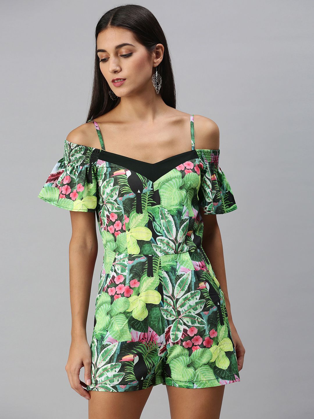 KASSUALLY Women Green Off-Shoulder Tropical Printed Jumpsuit Price in India