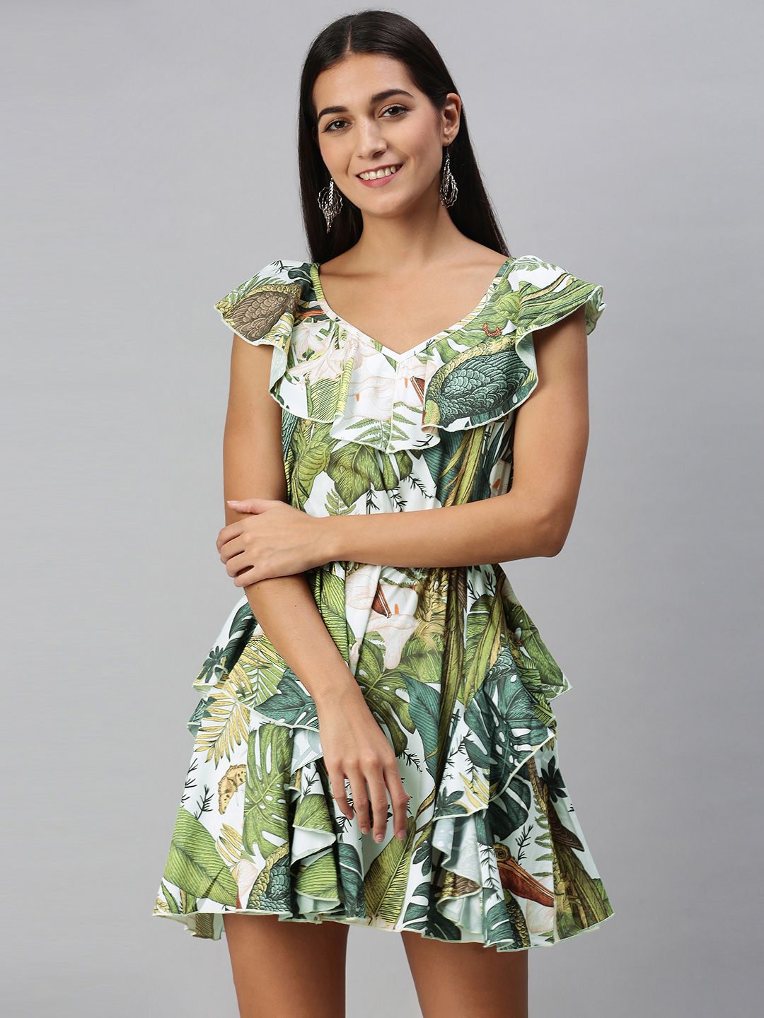 KASSUALLY Women Green Tropical Printed with Ruffles Jumpsuit Price in India