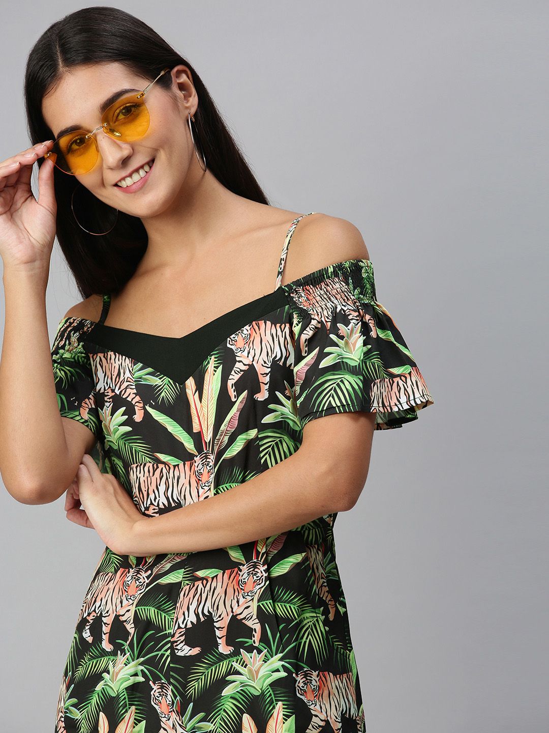 KASSUALLY Women Green Off-Shoulder Tropical Printed Jumpsuit Price in India