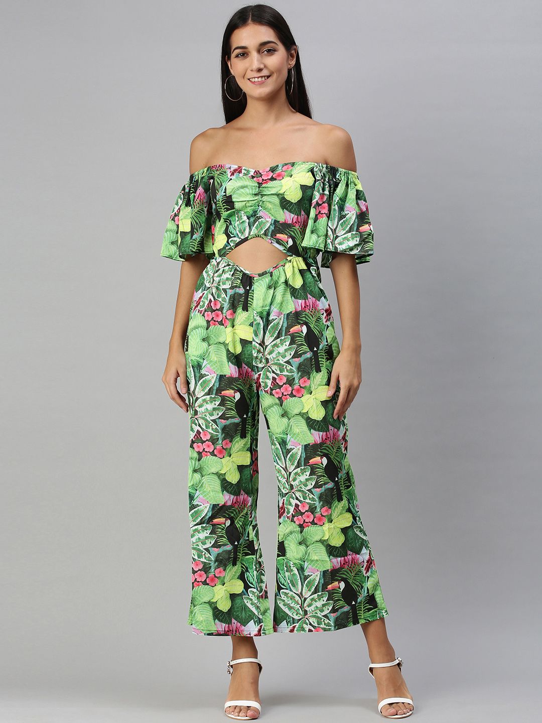 KASSUALLY Women Green Off-Shoulder Tropical Printed Basic Jumpsuit with Ruffles Price in India