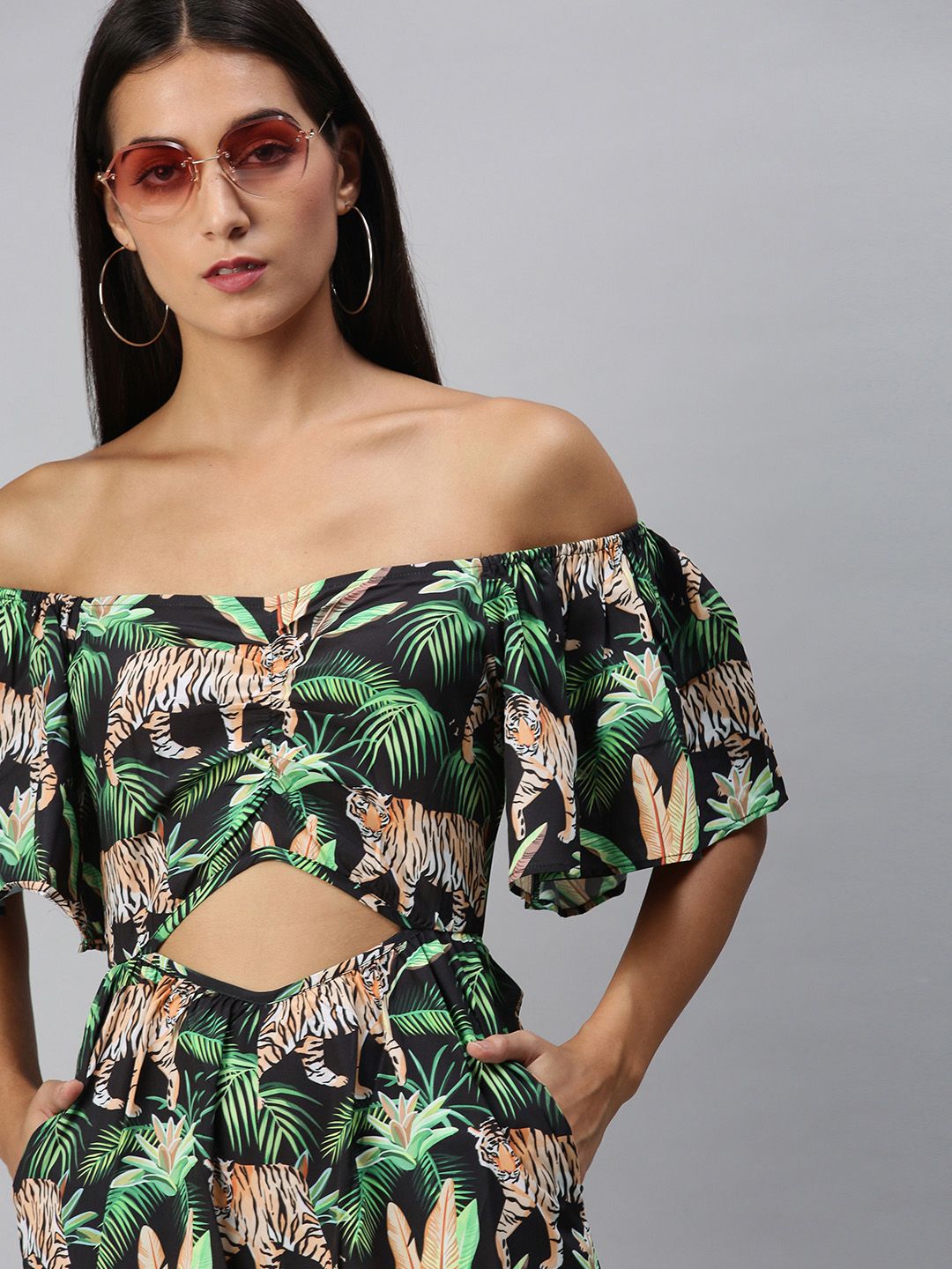 KASSUALLY Women Green Off-Shoulder Tropical Printed Basic Jumpsuit with Applique Price in India