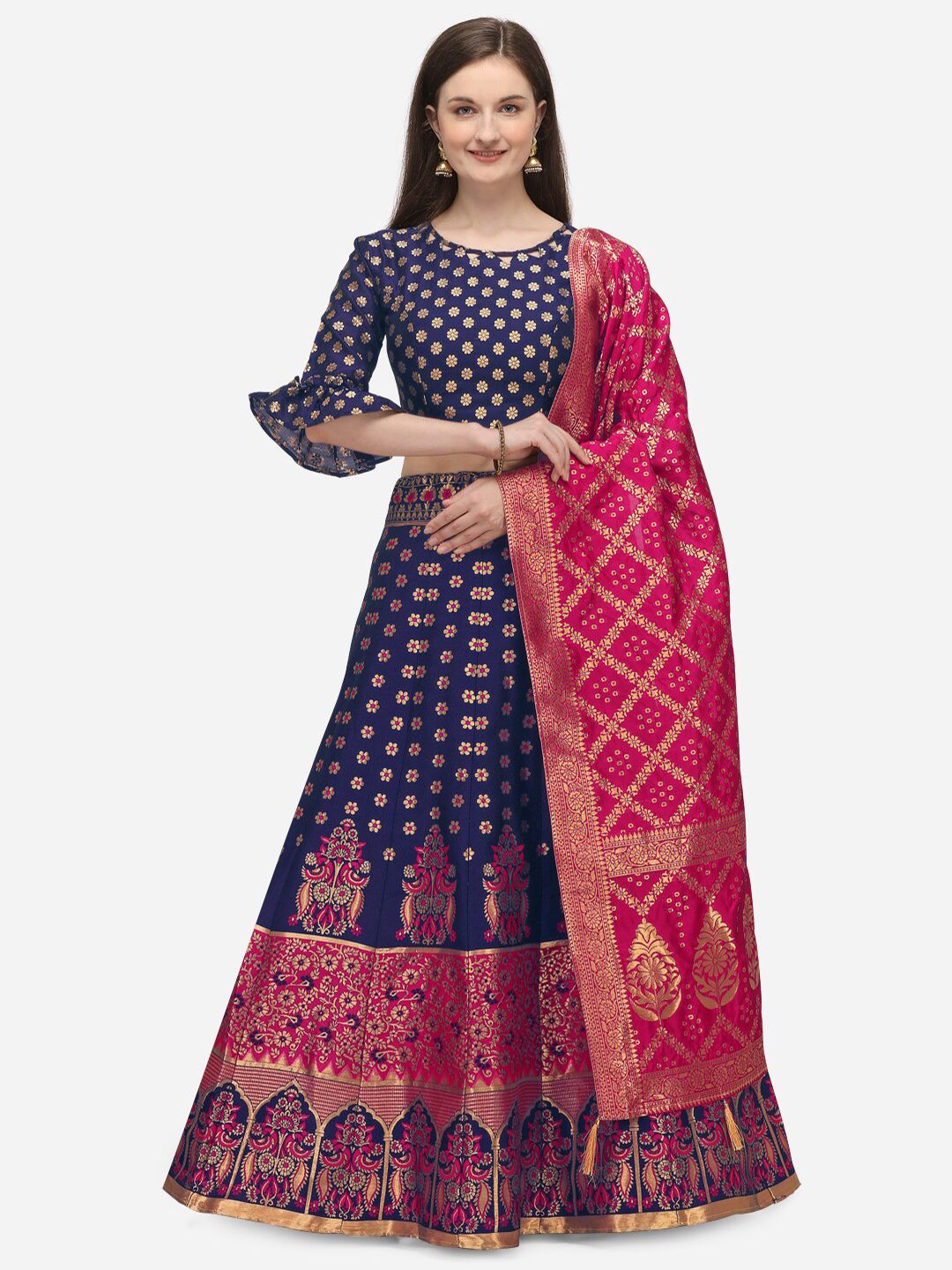 PURVAJA Navy Blue & Pink Woven Design Semi-Stitched Lehenga & Unstitched Blouse with Dupatta Price in India