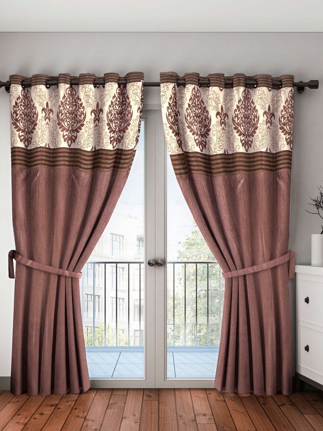 BIANCA Coffee Brown & Cream-Coloured Set of 2 Black Out Long Door Curtains Price in India