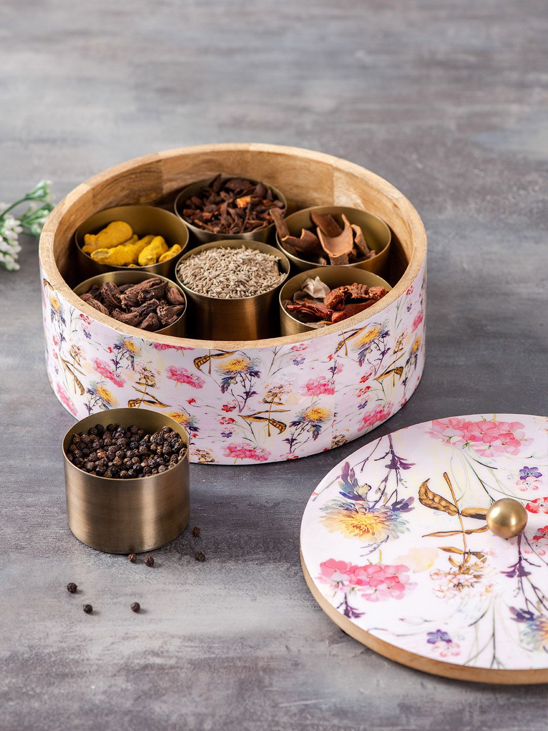 nestroots Blue Enamel Floral Printed Mango Wood Masala Box or Spice Jar Container Price in India