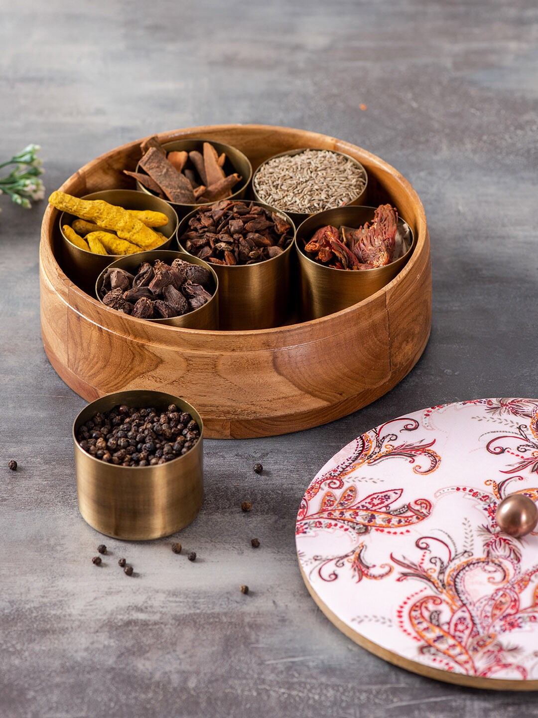 nestroots Gold-Toned Wood Round Masala Box or Spice Jar Container with Brass Lid Price in India