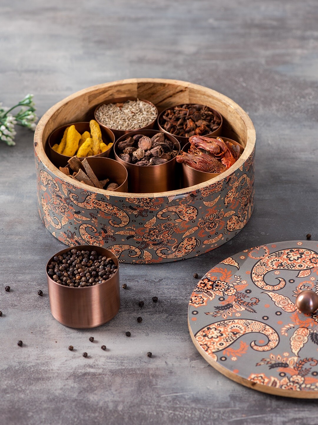 nestroots Grey & Beige Mango Wood Masala Box or Spice Jar Container Price in India