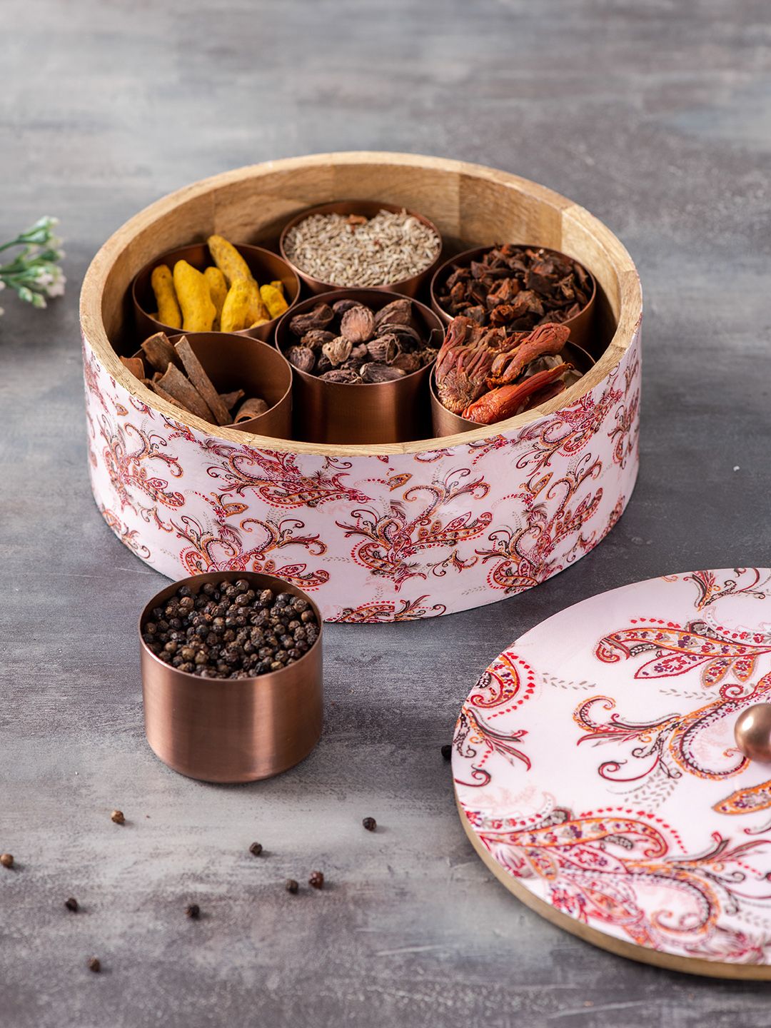 nestroots White & Pink Printed Wooden Spice Box & 7 Containers Price in India