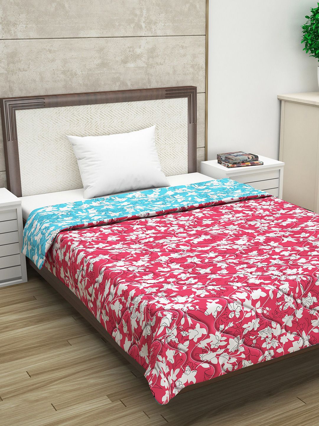 Divine Casa Pink & Blue Floral Reversible Mild Winter 110 GSM Single Bed Comforter Price in India