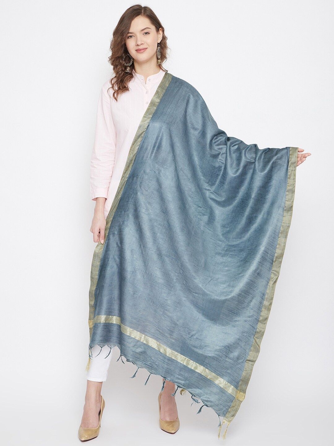 Clora Creation Grey & Gold-Toned Solid Cotton Tussar Dupatta Price in India