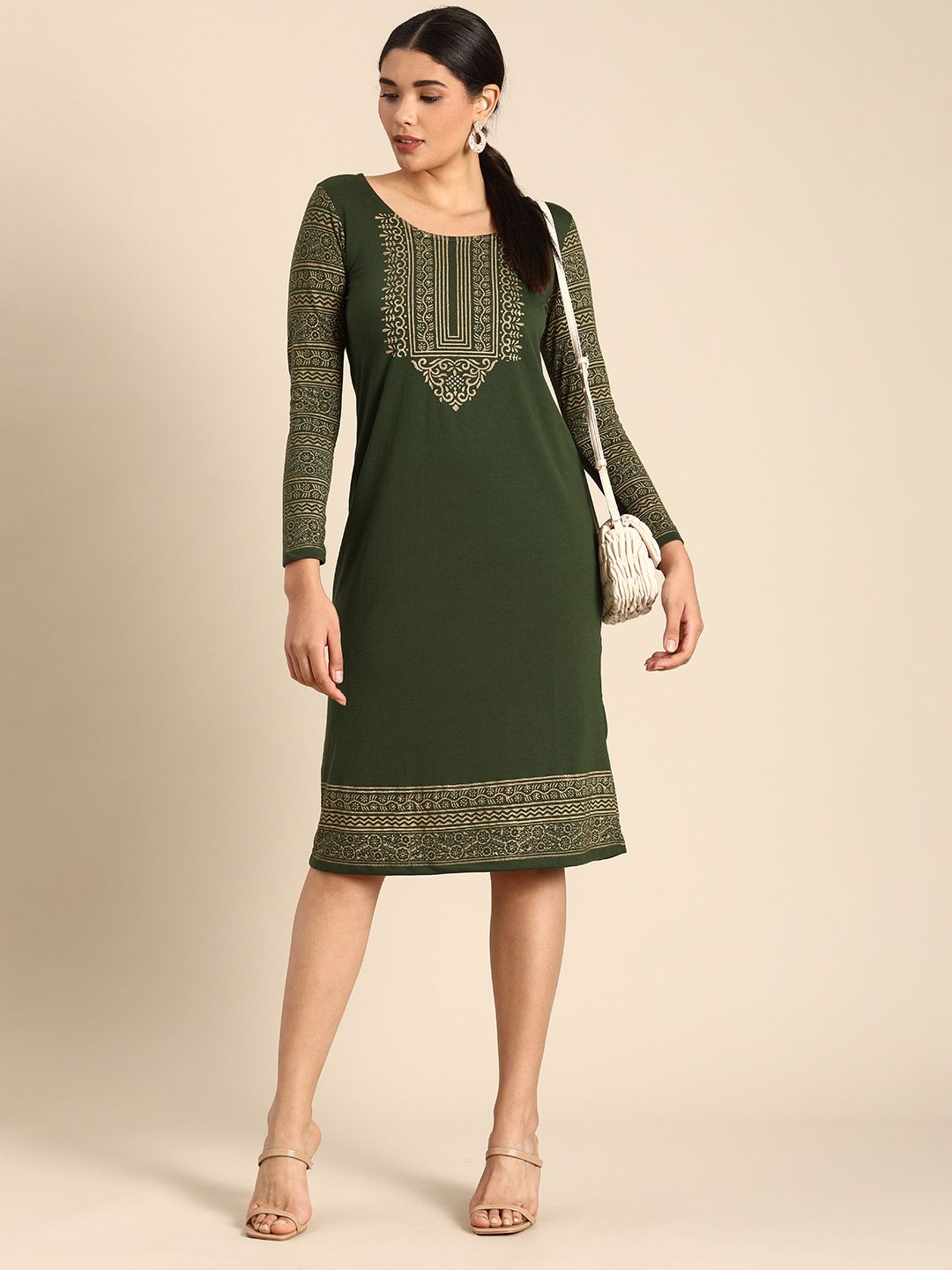 Anouk Olive Green & Gold-Toned Ethnic Motifs Foil Printed Sheath Dress Price in India