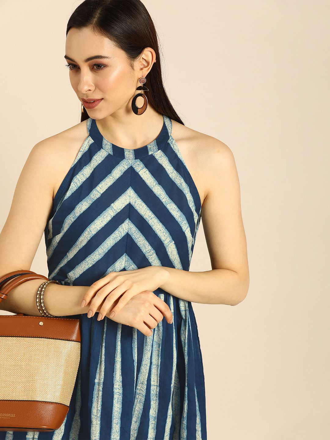 Anouk Navy Blue & White Striped Ethnic Dress
