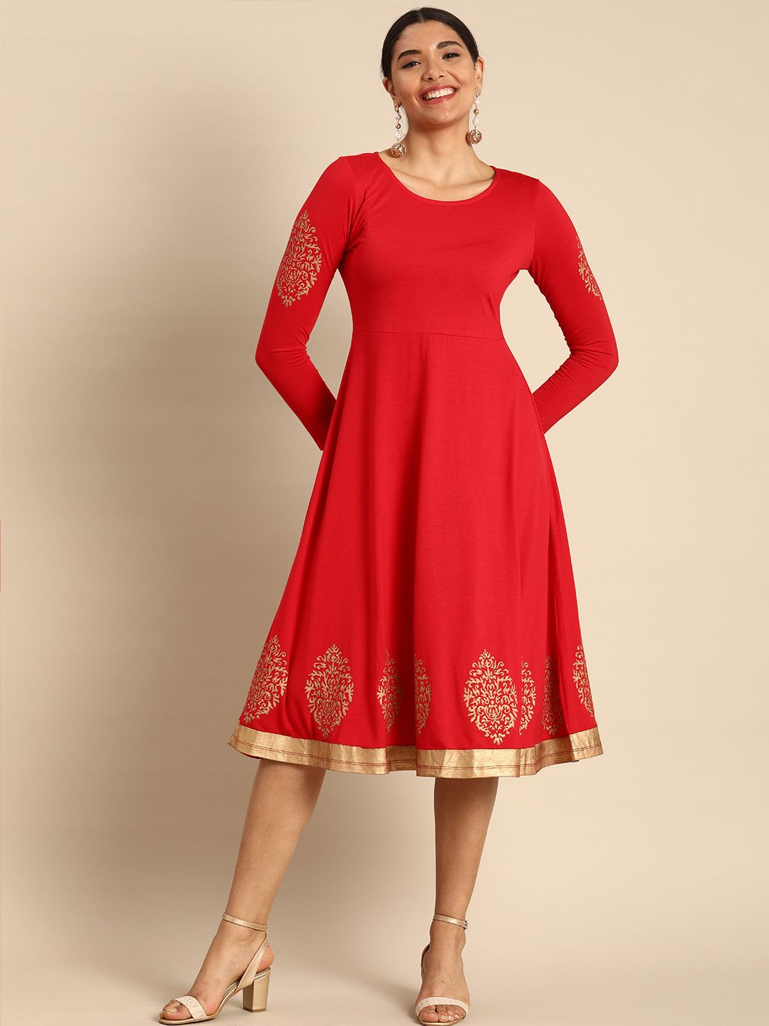 Anouk Red Floral Fit & Flare Knitted Dress Price in India