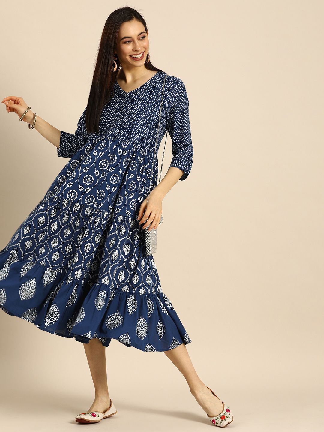 Anouk Navy Blue & White Ethnic Motifs A-Line Midi Dress