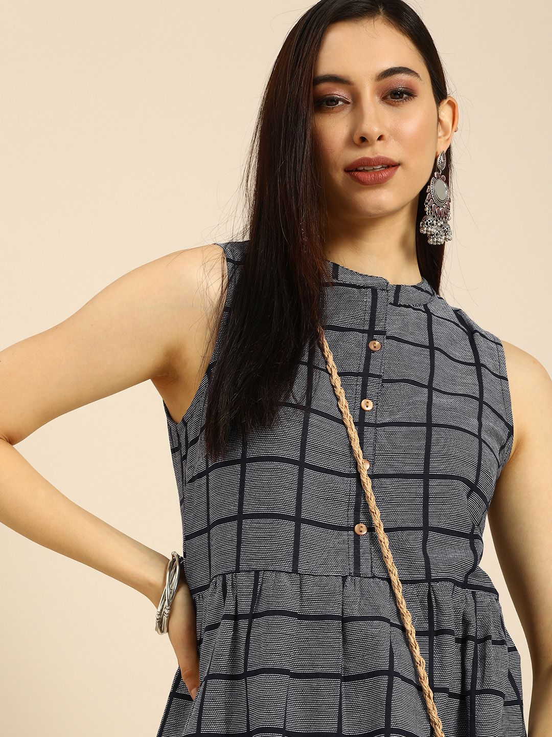 Anouk Navy Blue & White Checked Ethnic A-Line Dress
