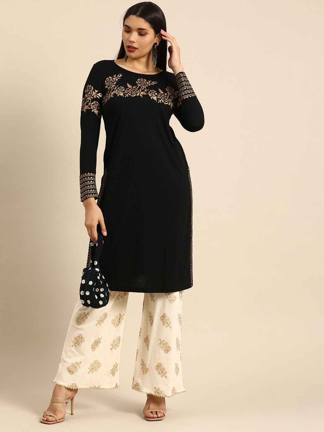 Anouk Women Black & Gold-Toned Knitted Block Printed Kurta Price in India