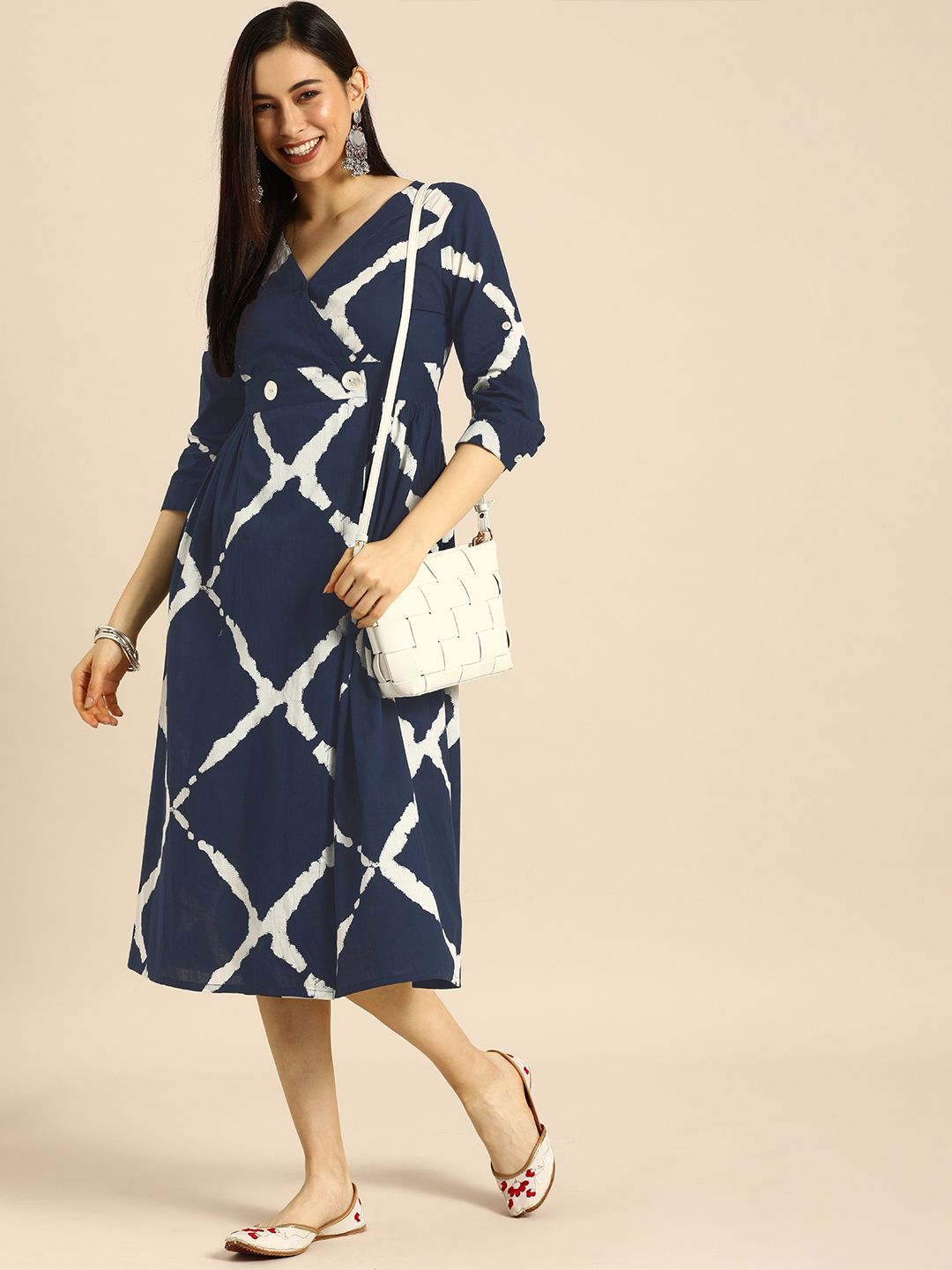 Anouk Navy Blue & White Ethnic A-Line Midi Dress Price in India