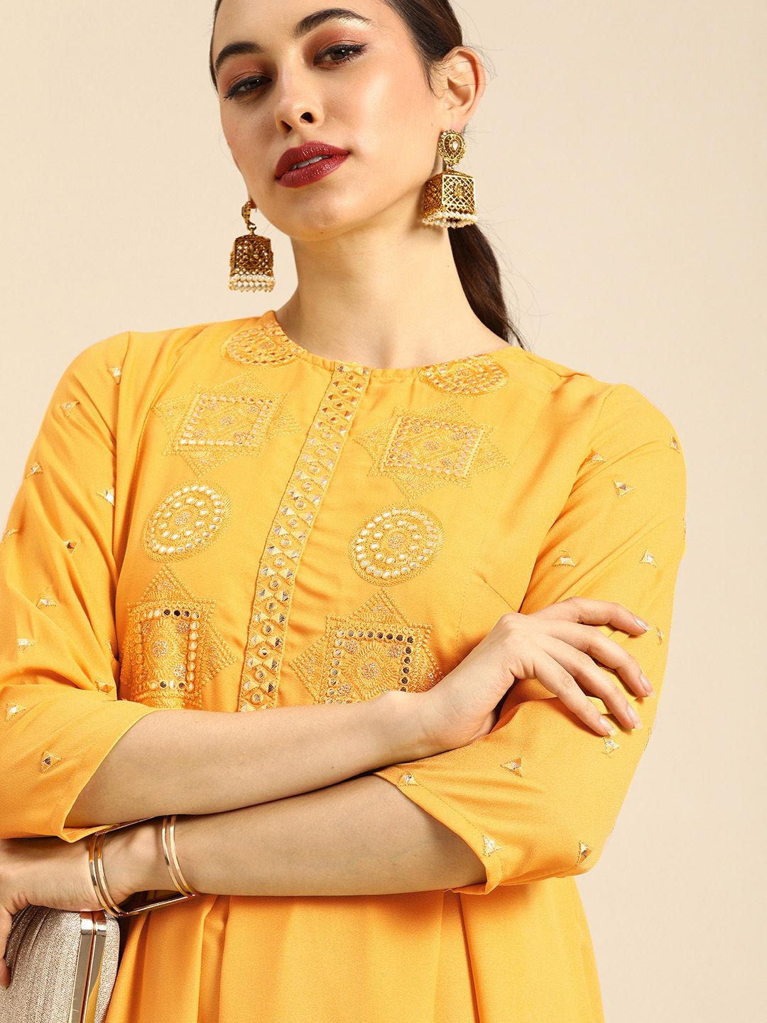 Anouk Yellow Ethnic Motifs Gotta Patti Embroidered Ethnic A-Line Midi Dress Price in India