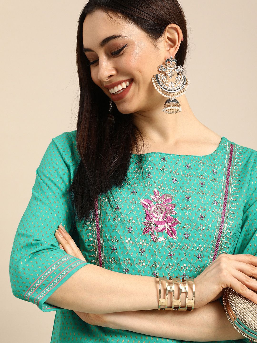 Anouk Women Teal Floral Printed Regular Pure Cotton Kurta with Trousers