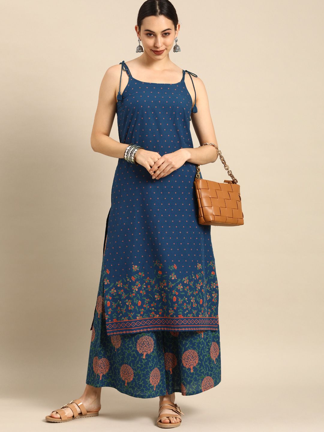 Anouk Women Blue Ethnic Motifs Printed Regular Pure Cotton Kurta with Palazzos Price in India