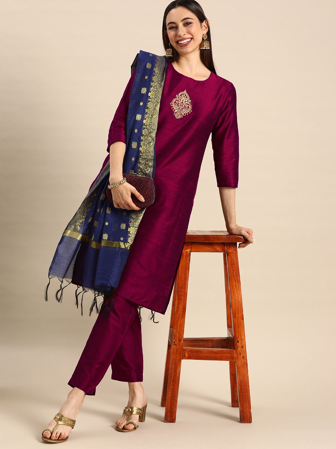 Anouk Women Purple Thread Work Kurta with Trousers & With Dupatta Price in India