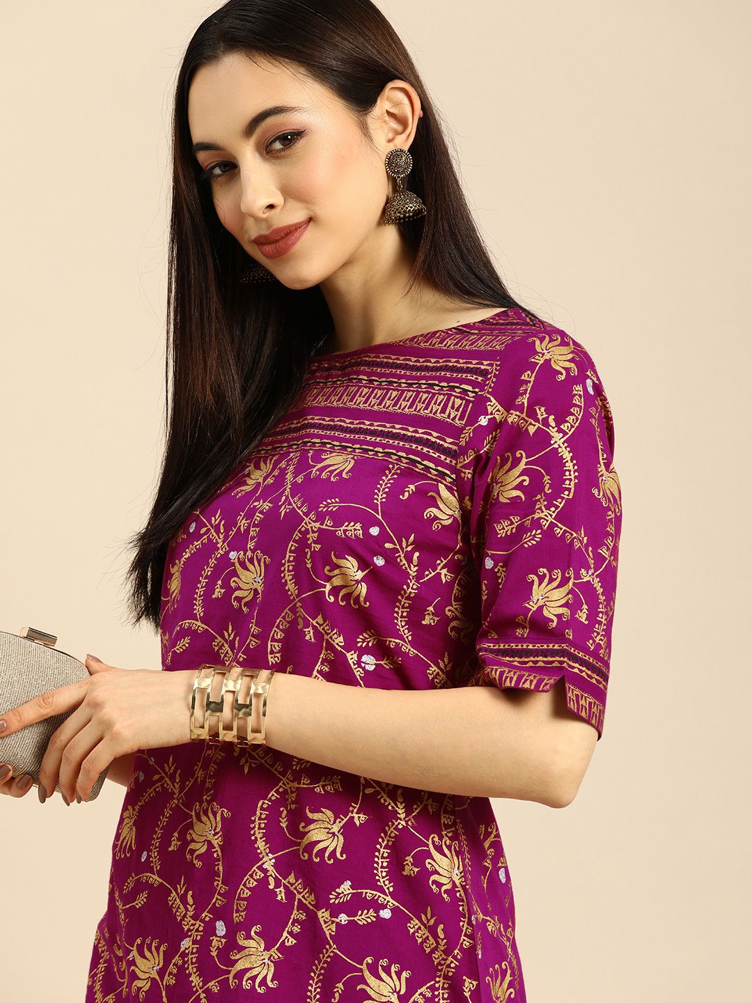 Anouk Women Magenta Pink Ethnic Motifs Printed Pure Cotton Kurta with Trousers Price in India