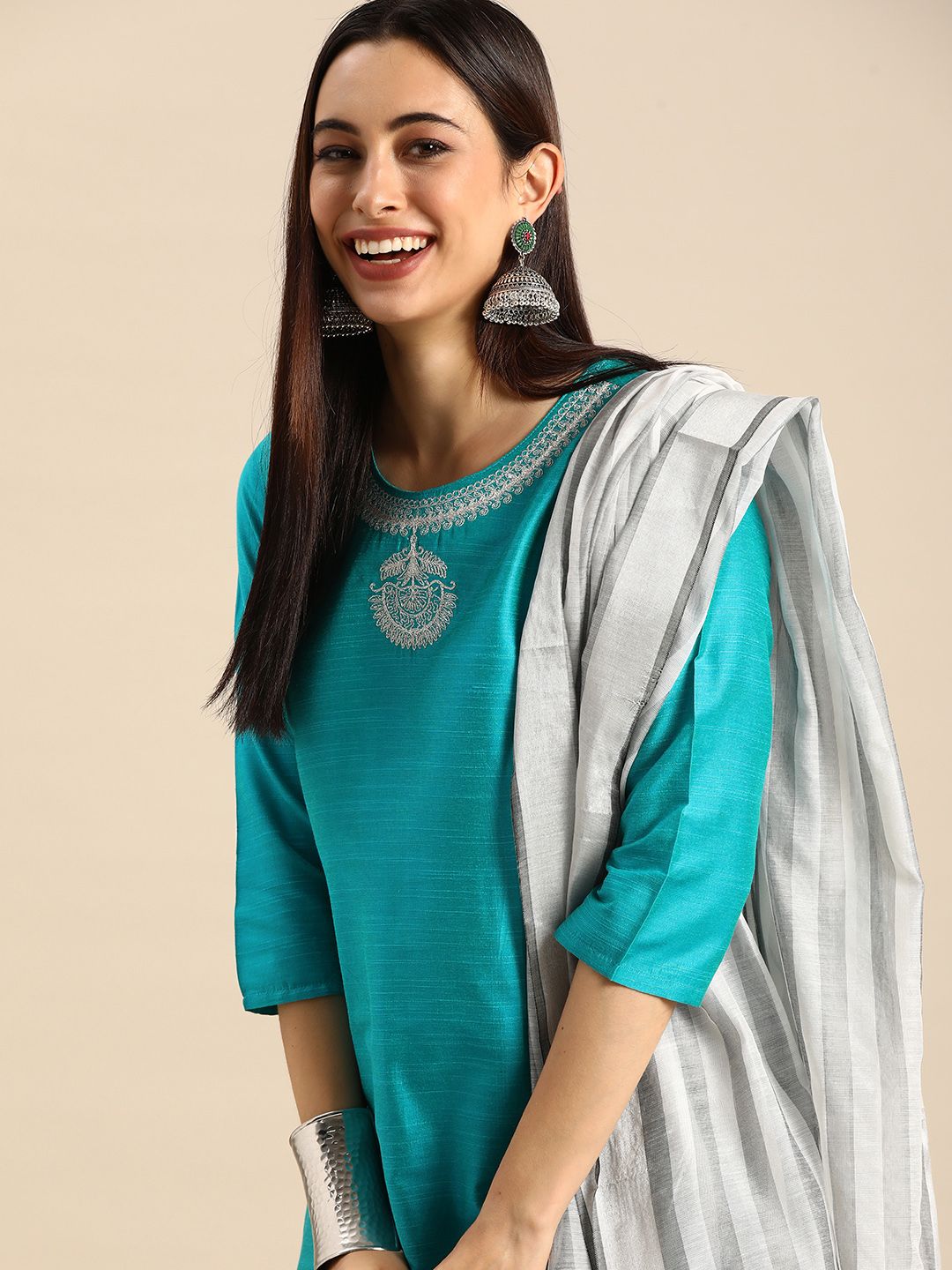 Anouk Women Teal Blue Yoke Design Regular Kurta with Trousers & Dupatta