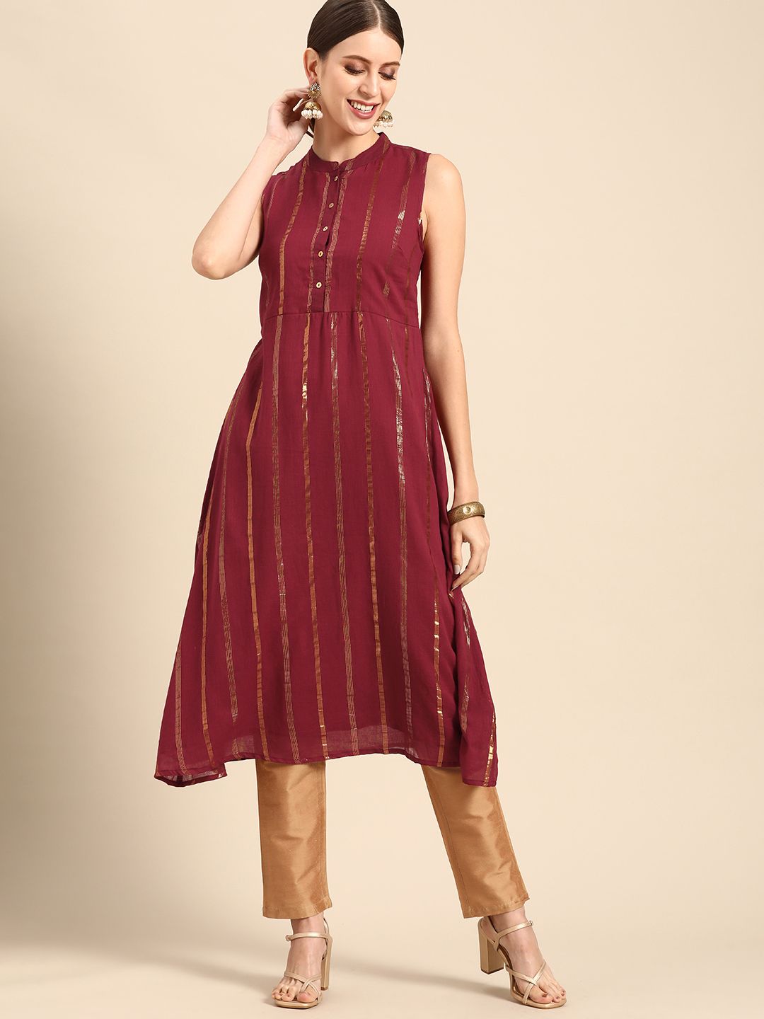 Anouk Women Maroon & Golden Pure Cotton Striped A-Line Kurta Price in India