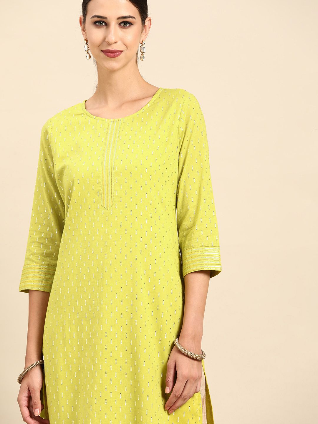 Anouk Women Green & Silver Gotta Patti Detail Dobby Weave Cotton Straight Kurta Price in India