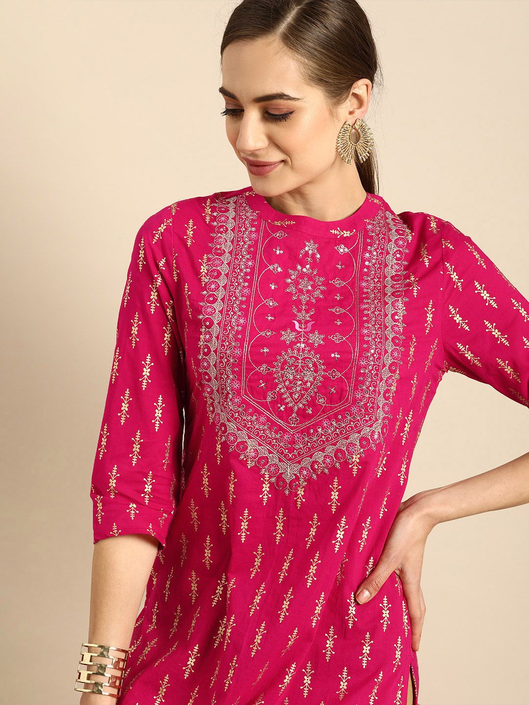 Anouk Women Pink Ethnic Motifs Printed Thread Work Kurta Price in India