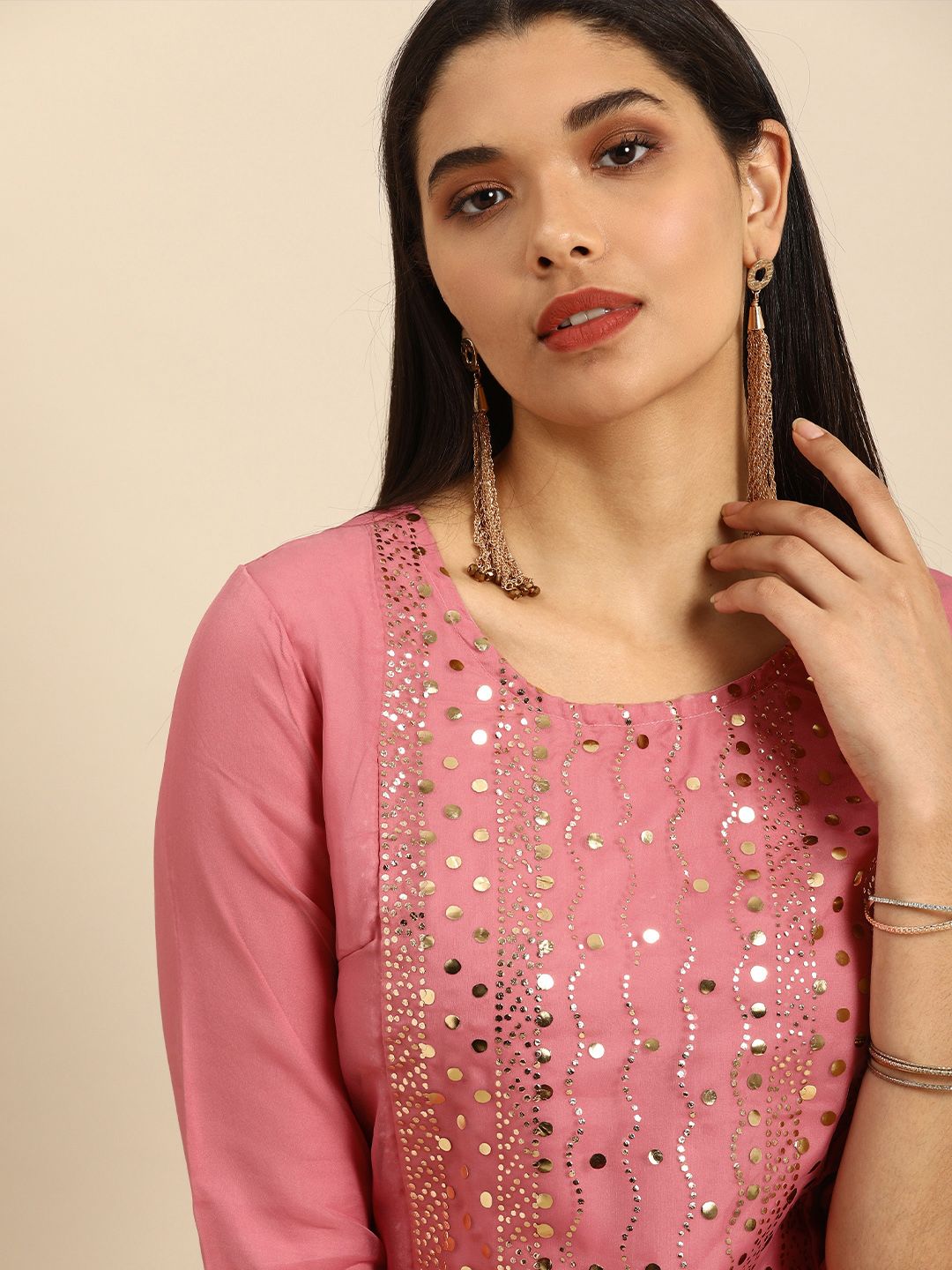 Anouk Women Pink Embellished Straight Kurta Price in India