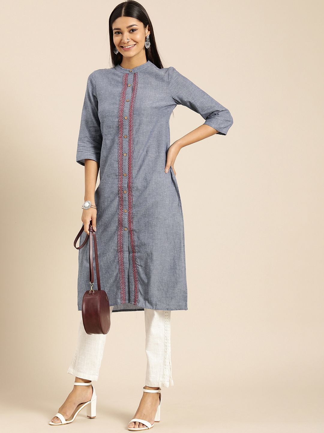 Anouk Women Blue Thread Work Kurta Price in India