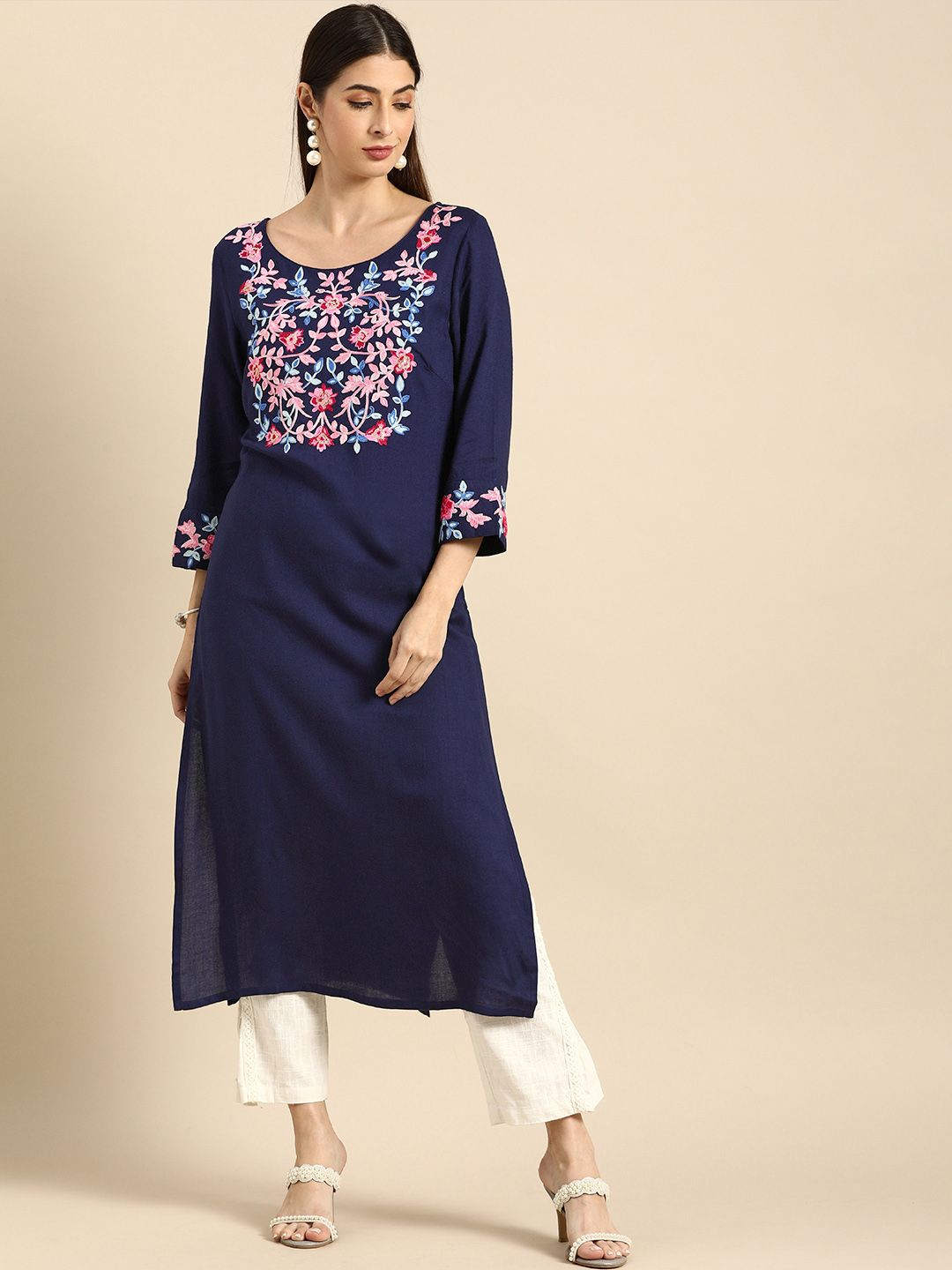 Anouk Women Navy Blue Floral Yoke Design Thread Work Kurta